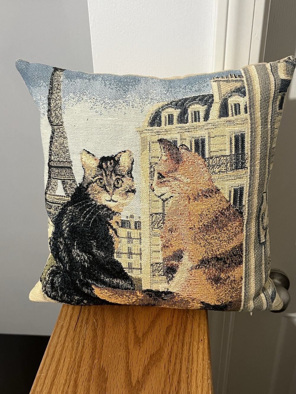 Vtg Metrax Craye Group Flemish Tapestry Cat Pillow 12x12